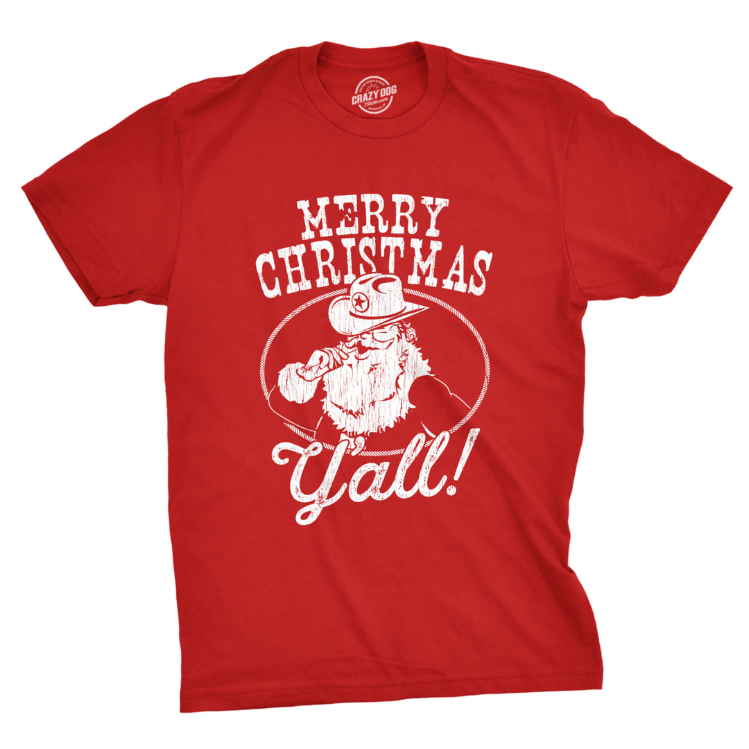 Mens Merry Christmas Yall Tshirt Funny Cowboy Santa Claus Christmas Tee Image 1