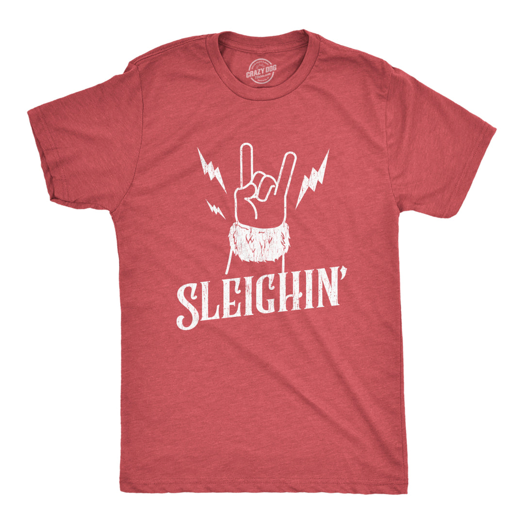 Mens Sleighin Tshirt Funny Santa Claus Christmas Rock And Roll Metal Fingers Graphic Tee Image 1