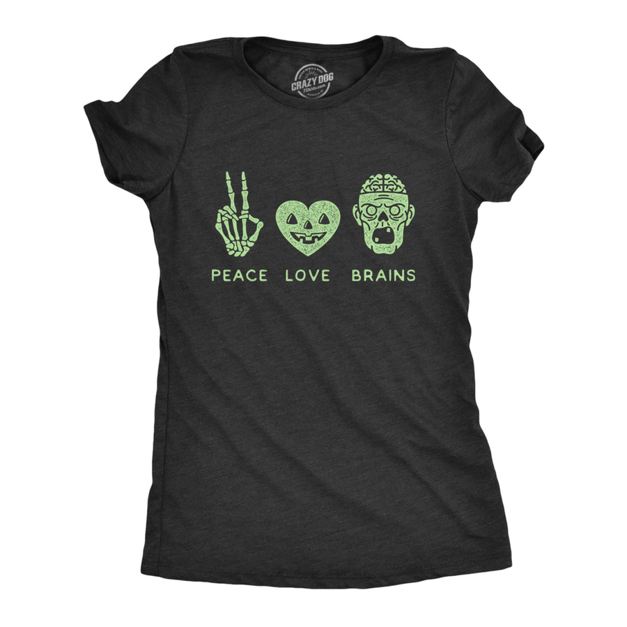 Womens Peace Love Brains Tshirt Funny Halloween Skeleton Zombie Graphic Tee Image 1