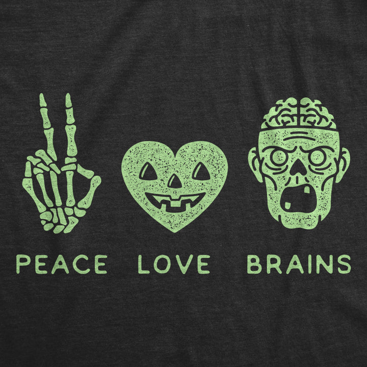 Womens Peace Love Brains Tshirt Funny Halloween Skeleton Zombie Graphic Tee Image 2