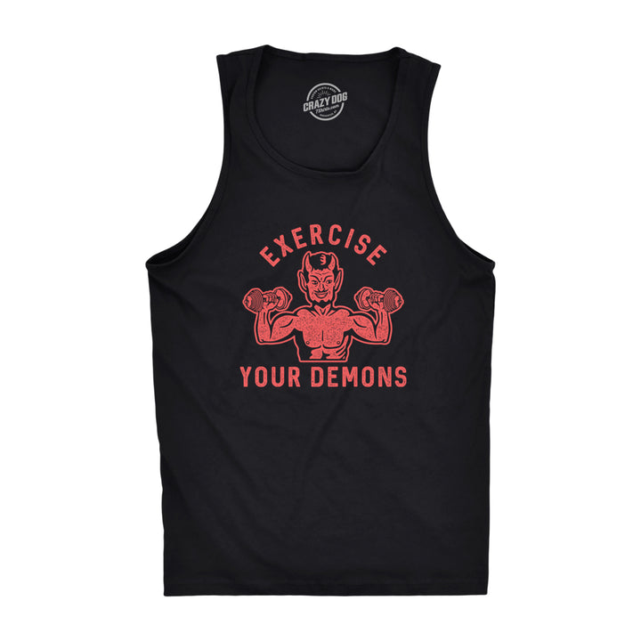 Mens Exercise Your Demons Fitness Tank Funny Halloween Fitness Workout Devil Graphic Tanktop Image 1