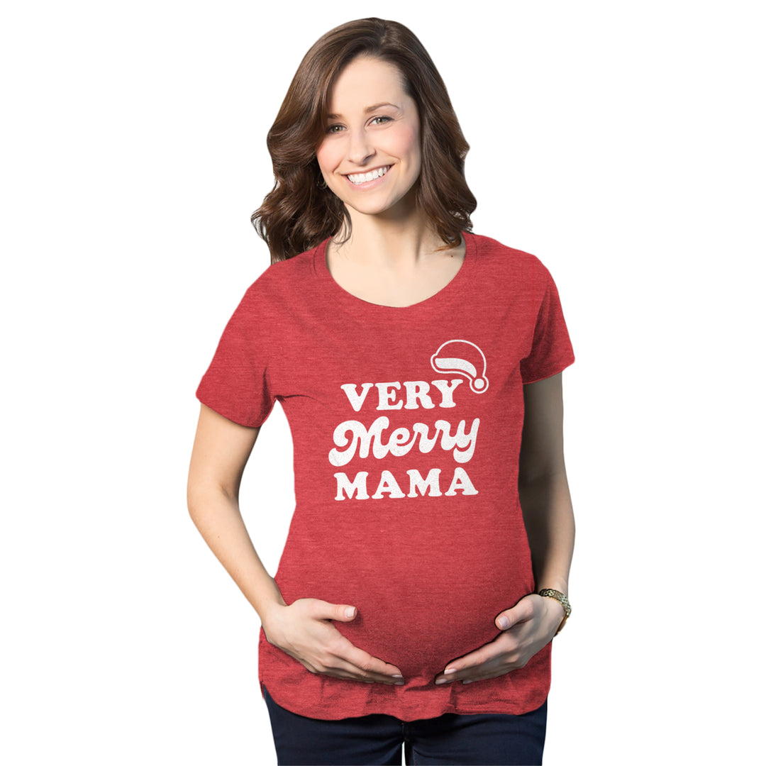 Maternity Very Merry Mama Tshirt Cute Christmas Santa Hat Pregnancy Announcement Tee Image 1