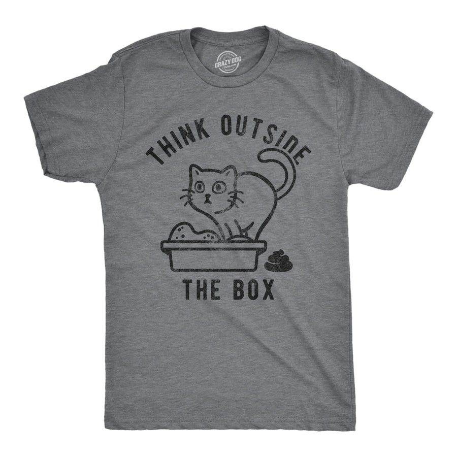 Mens Think Outside The Box Funny Cat T-Shirt Hilarious Graphic Cool Saying Top Image 1