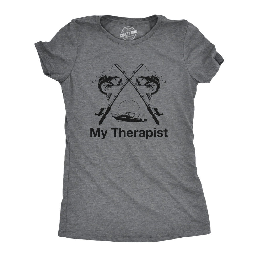 Womens My Therapist Fishing T shirt Funny Angler Fishing Pole Graphic Novelty Image 1