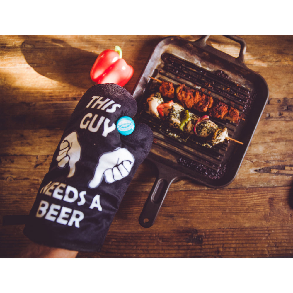 This Guy Needs A Beer Oven Mitt Funny Backyard BBQ Drinking Kitchen Glove Image 2