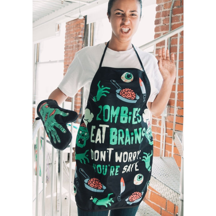 Zombies Eat Brains Dont Worry Youre Safe Funny Halloween Brains Cooking Graphic Kitchen Smock Image 4