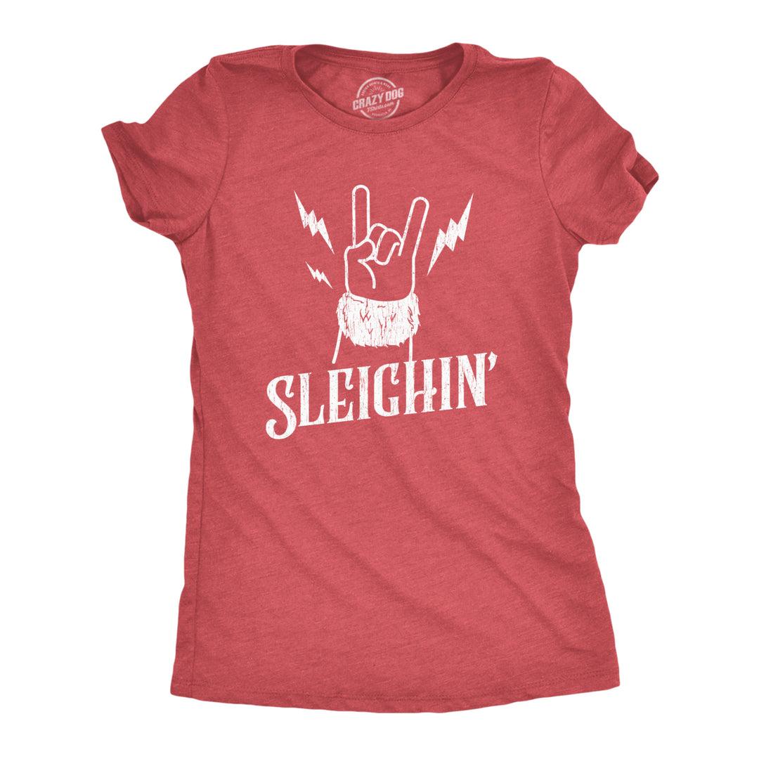 Womens Sleighin Tshirt Funny Santa Claus Christmas Rock And Roll Metal Fingers Graphic Tee Image 1