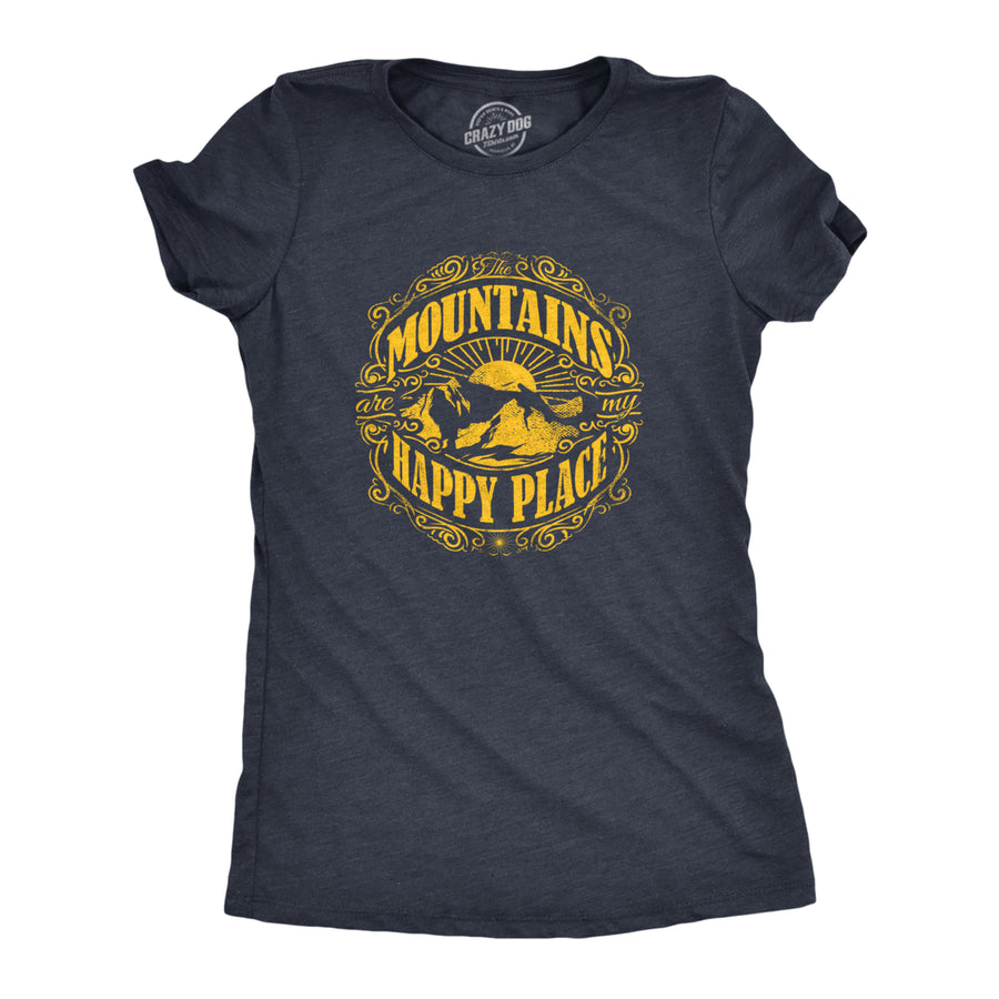 Womens Mountains Are My Happy Place Cool Vintage Hiking Camping T shirt Graphic Image 1