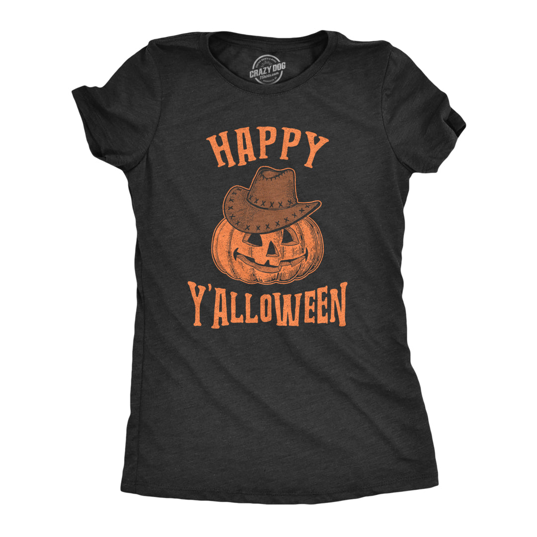 Womens Happy Y'alloween Tshirt Funny Halloween Jack-O-Lantern Cowboy Graphic Novelty Tee Image 1
