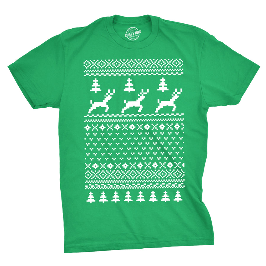 Reindeer Ugly Christmas Sweater T Shirt Funny Holiday Party Vintage Pattern Tee Image 1