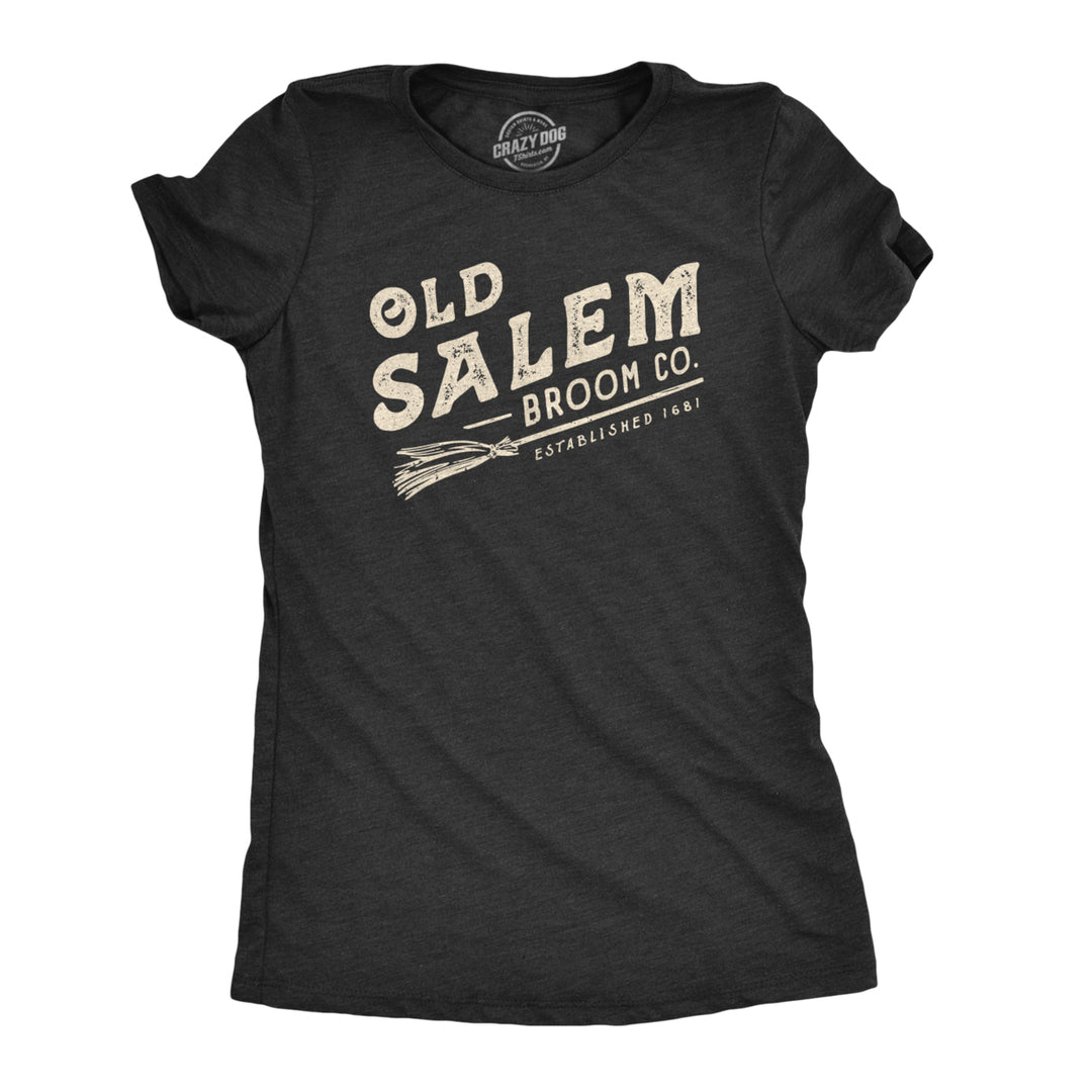 Womens Old Salem Broom Co Tshirt Funny Halloween Witch Tee Image 1