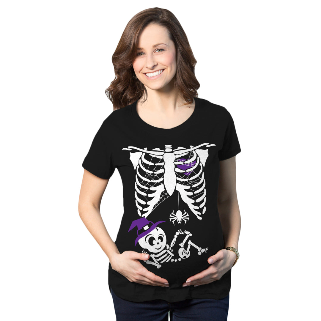 Maternity Witch Baby Bump Skeleton Cute Pregnancy Tshirt Halloween Night Image 1