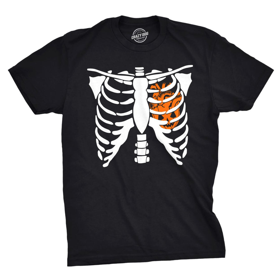 Mens Pumpkin Heart Skeleton Rib Cage Tee Funny Halloween Jack-O-Lantern Tee Image 1