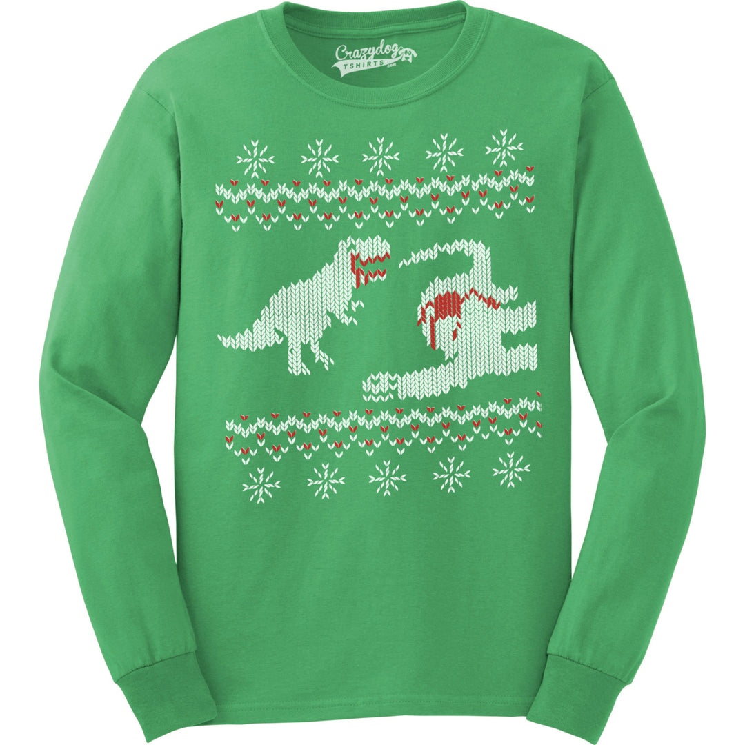 Dinosaur Snack Funny Ugly Christmas Sweater Long Sleeve Shirt Image 1