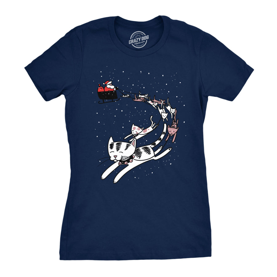 Womens Cat Reindeer Sleigh Tshirt Funny Santa Christmas Holiday Party Tee Image 1