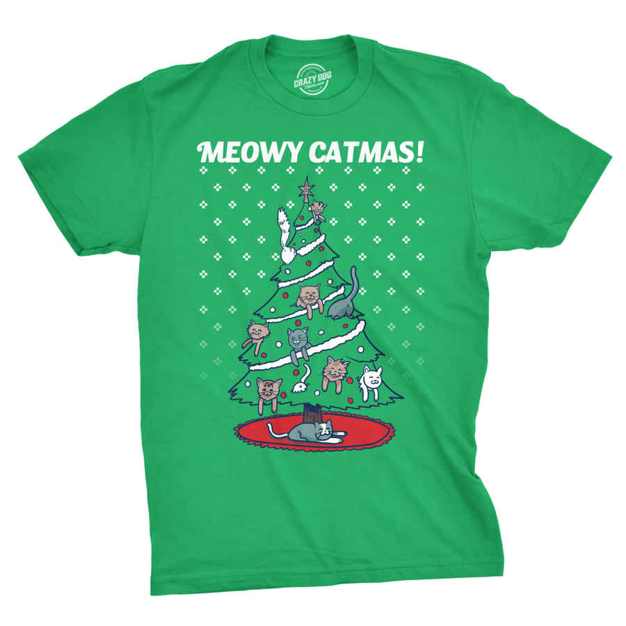 Mens Meowy Christmas Funny Cat Dad Ugly Sweater T shirt Adult Humor Sarcastic Image 1