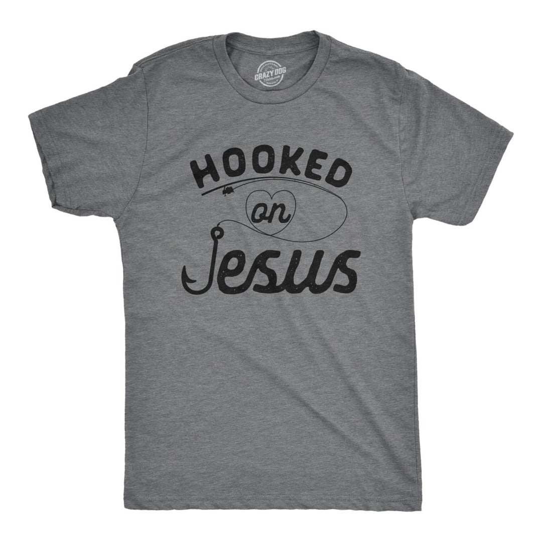 Mens Hooked On Jesus Tshirt Funny Fishing Religious Novelty Tee Image 1