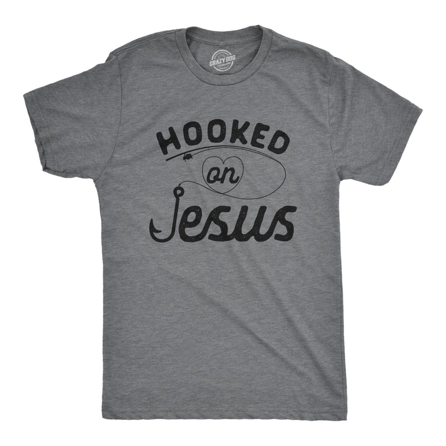 Mens Hooked On Jesus Tshirt Funny Fishing Religious Novelty Tee Image 1