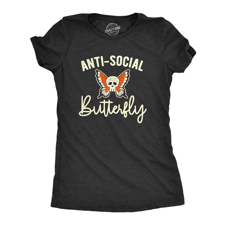 Womens Anti-Social Butterfly Tshirt Funny Introvert Skull Tee Image 1