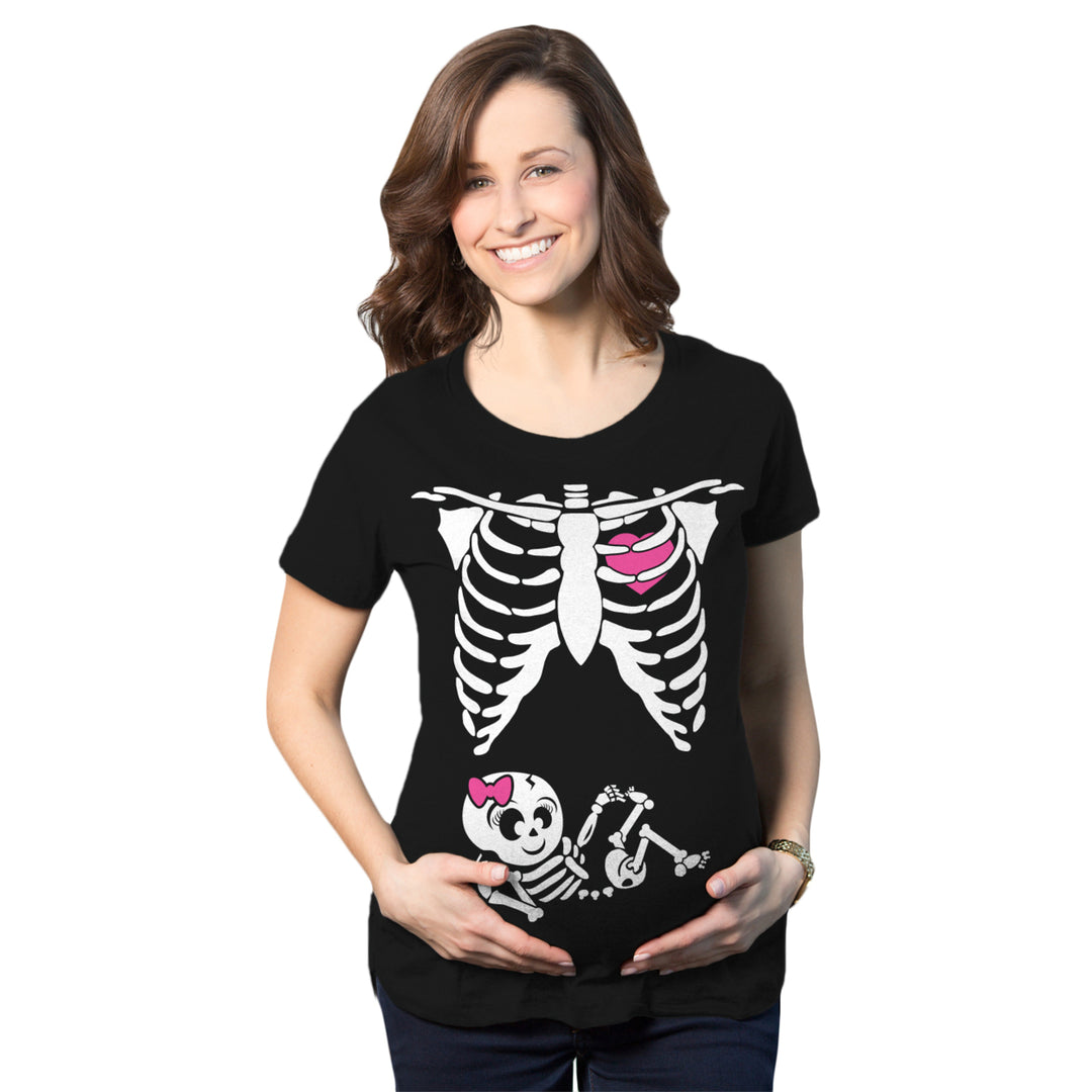 Maternity Baby Girl Skeleton Cute Halloween Pregnancy Bump Tshirt Image 1