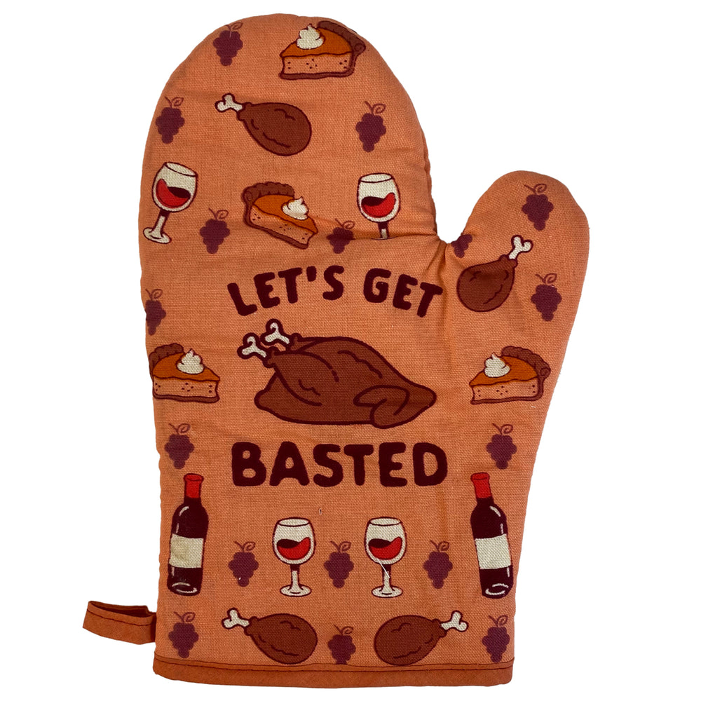 Lets Get Basted Oven Mitt Funny Thanksgiving Wine Drinking Feast Graphic Kitchen Glove Image 2