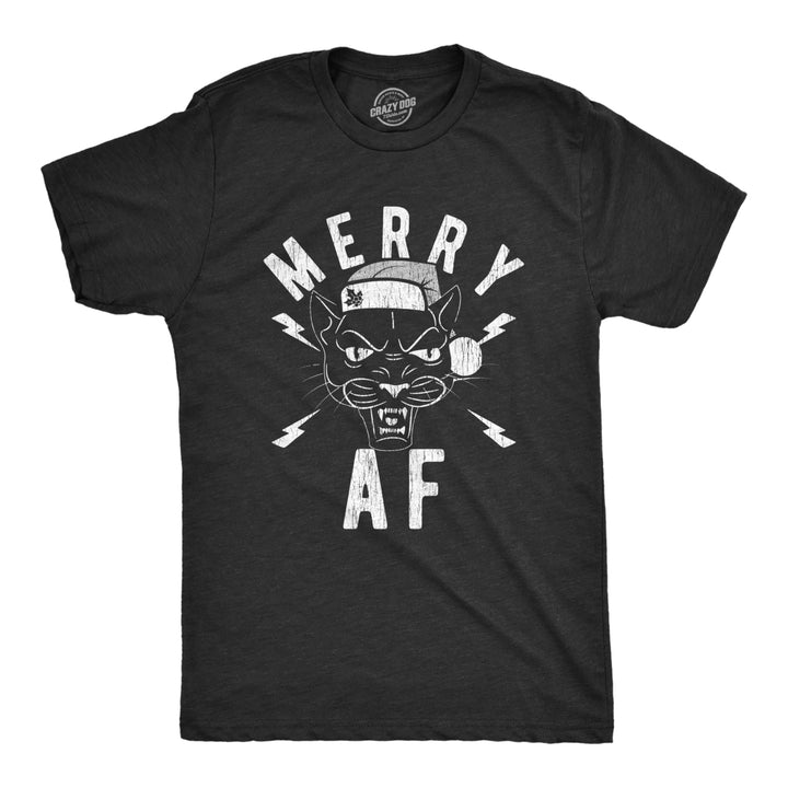 Mens Merry AF Tshirt Funny Christmas Santa Hat Cat Lover Novelty Graphic Tee Image 1