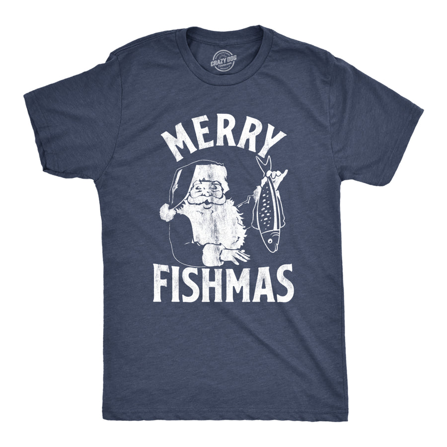 Mens Merry Fishmas Tshirt Funny Christmas Santa Claus Fishing Tee Image 1