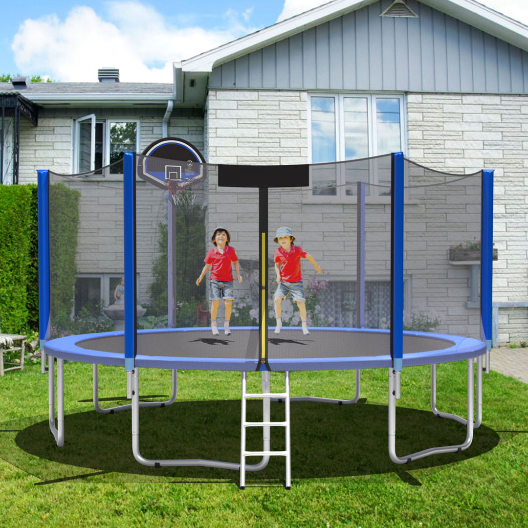 Gymax 12/14/15/16ft Trampoline w/ Safety Enclosure Net Ladder Basketball Hoop Image 3