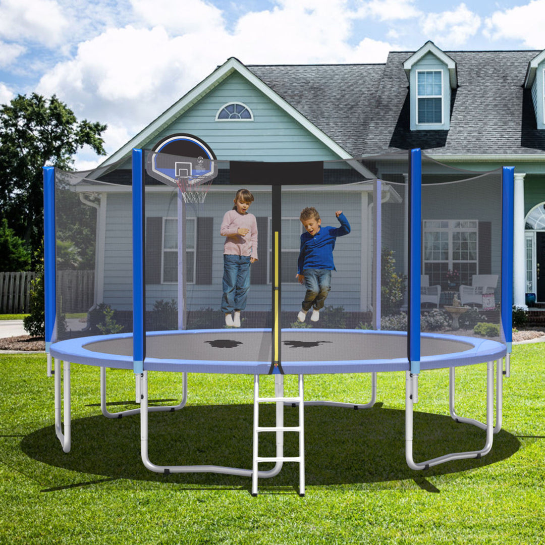 Gymax 12/14/15/16ft Trampoline w/ Safety Enclosure Net Ladder Basketball Hoop Image 4