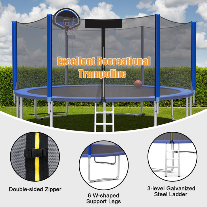 Gymax 12/14/15/16ft Trampoline w/ Safety Enclosure Net Ladder Basketball Hoop Image 10