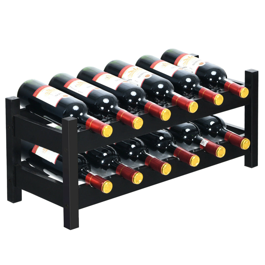 2-Tier Bamboo Wine Rack 12 Bottles Display Storage Shelf Holder Kitchen Coffee Image 1