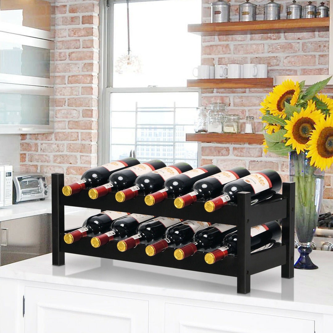 2-Tier Bamboo Wine Rack 12 Bottles Display Storage Shelf Holder Kitchen Coffee Image 3