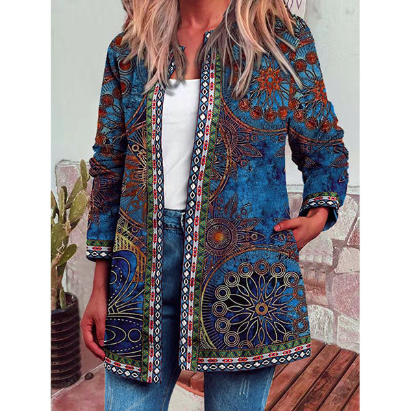 Retro ethnic print long-sleeved coat jacket Vintage Outerwear for women 3 Colors Image 3