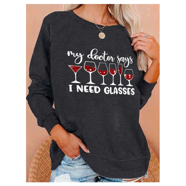 Christmas I NEED GLASSES Letter Crew Neck Sweatshirt Image 1