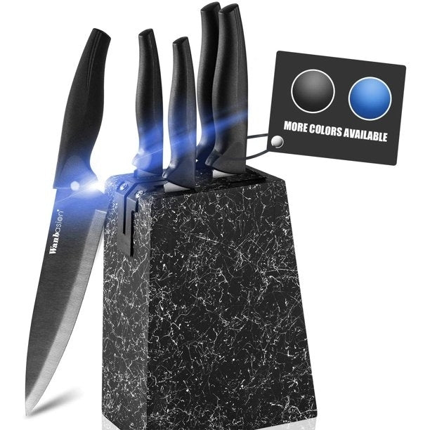 Wanbasion Marbling Kitchen Knife Set Block Knife Set Block Wood Sharpener Image 1