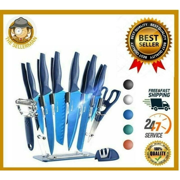 16 Pieces Kitchen Knife Set Dishwasher Safe Professional Chef Kitchen Knife Set with Knife Sharpener Peeler Scissors Image 1