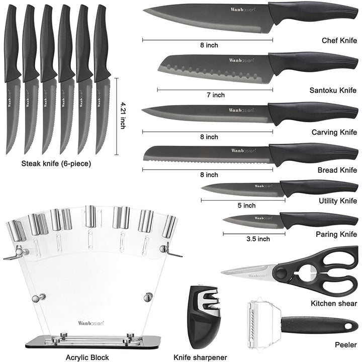 Wanbasion 16 Pieces Kitchen Knife Set, Professional Chef Kitchen Knife Set, Stainless Steel with Knife Sharpener Peeler Image 2