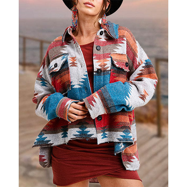 Loose Retro Ethnic Geometric Print Woolen Coat Image 6