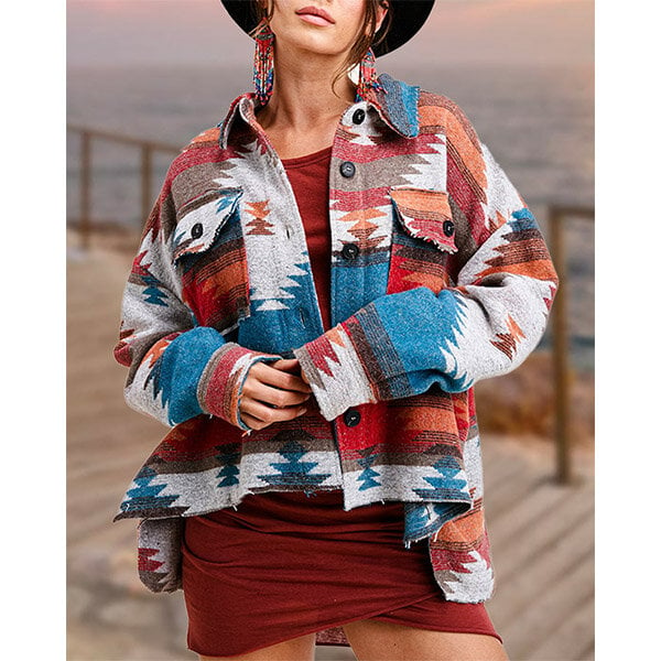 Loose Retro Ethnic Geometric Print Woolen Coat Image 1