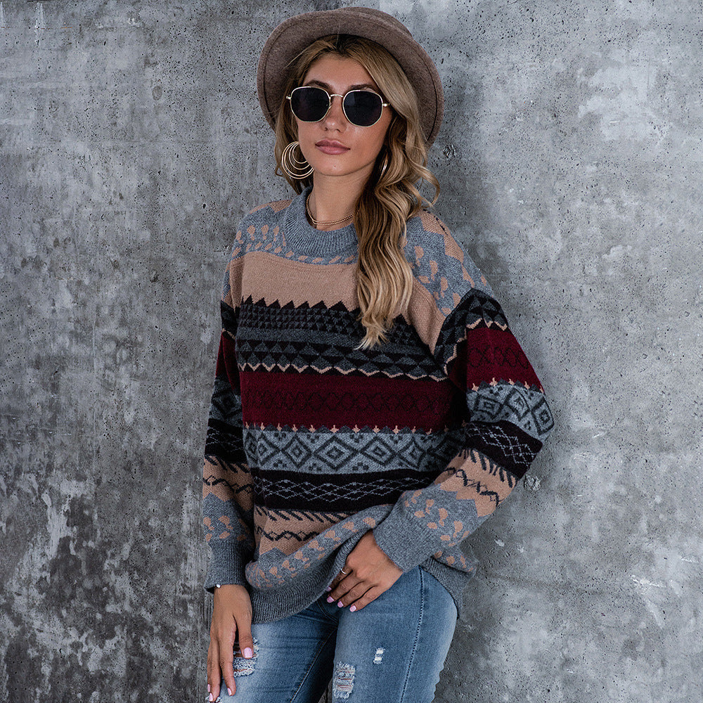 Striped Vintage Crew Neck Pullover Knit Sweater Image 2