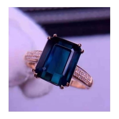 18K Rose Gold Plated treasure Ring Emerald cut Princess square royal blue open ring Image 4