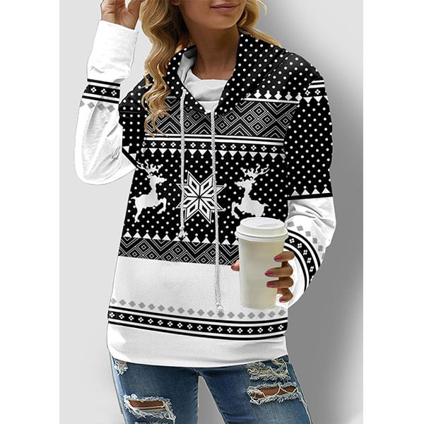 Christmas Snowflake Printed Double Drawstring High Neck Sweater Image 1
