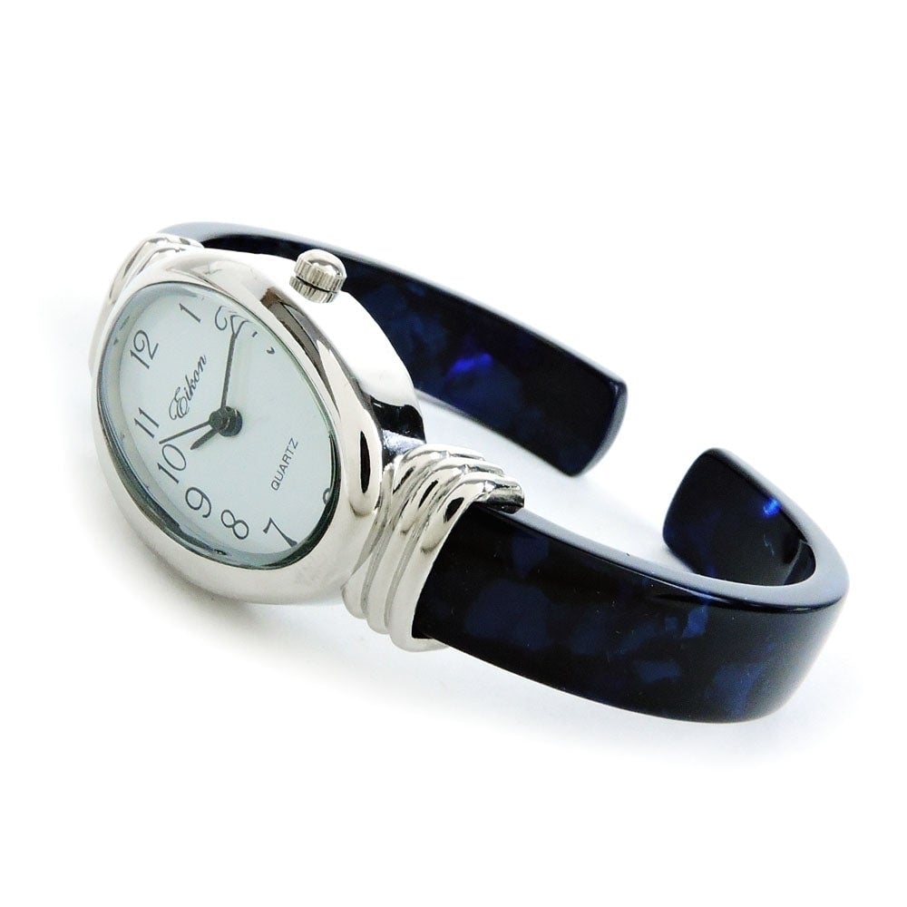 Blue Acrylic Band with Silver Oval Case Womens Bangle Cuff WATCH Image 3