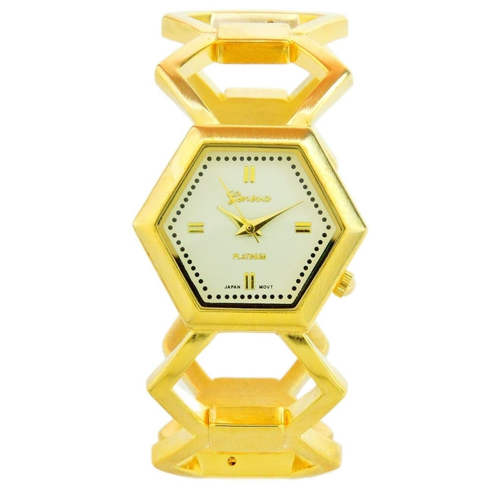 Gold Hexagon Shape Fashion Womens Bangle Cuff Watch Image 4