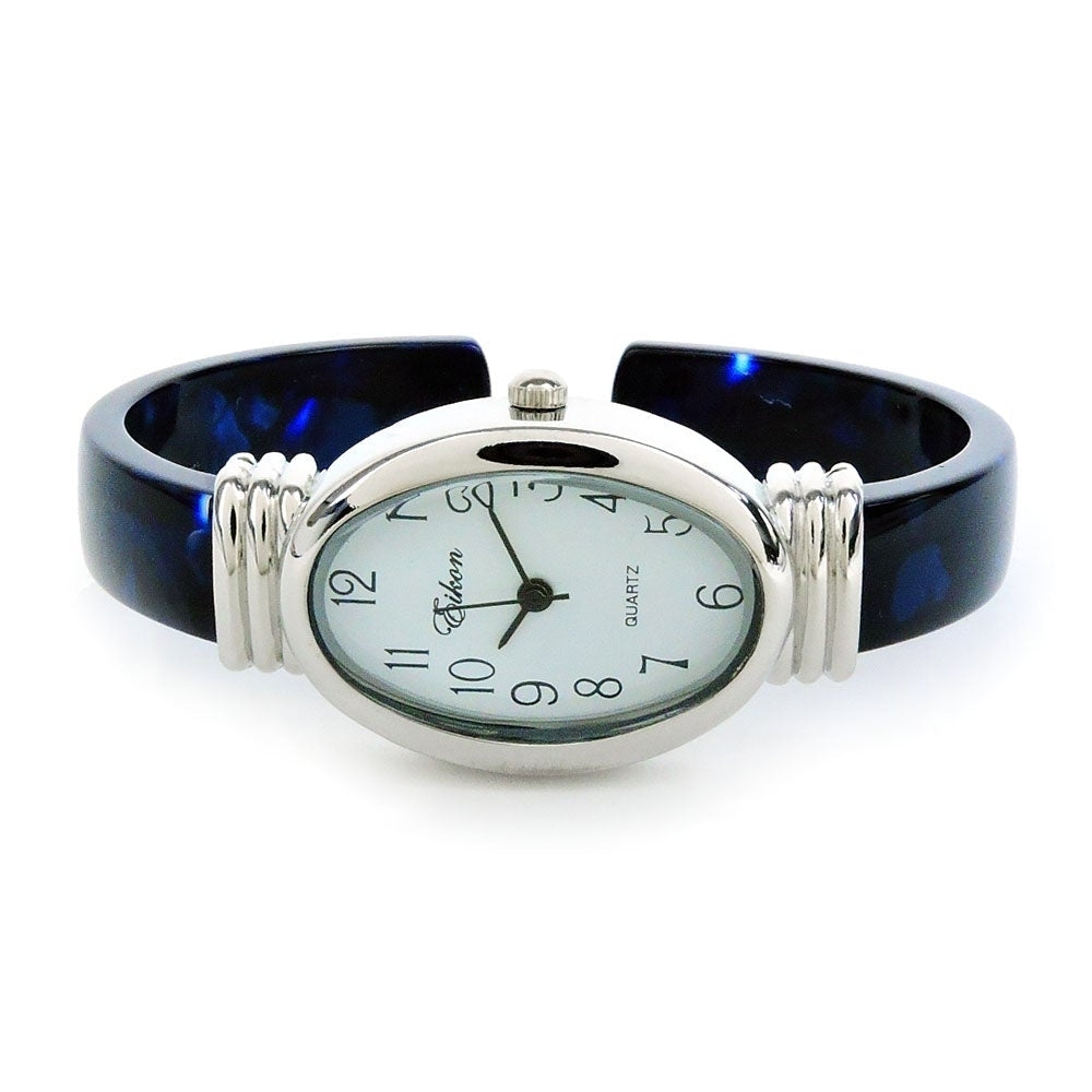 Blue Acrylic Band with Silver Oval Case Womens Bangle Cuff WATCH Image 4