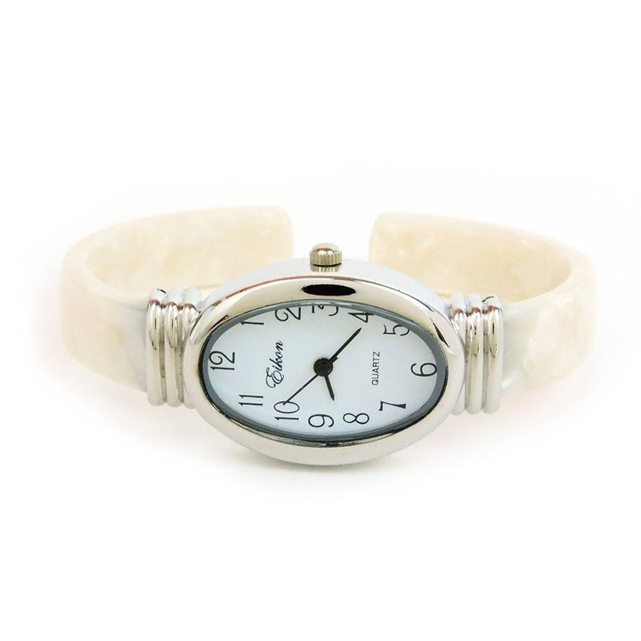 White Pearl Acrylic Band Silver Oval Case Womens Bangle Cuff Watch Image 3