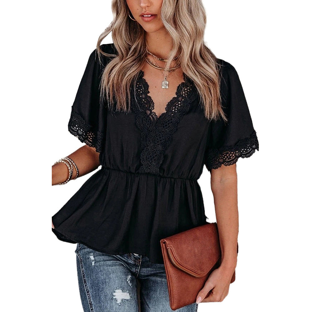 Womens Causal Short Sleeve V Neck Lace Crochet Flowy Blouse Shirt Image 2