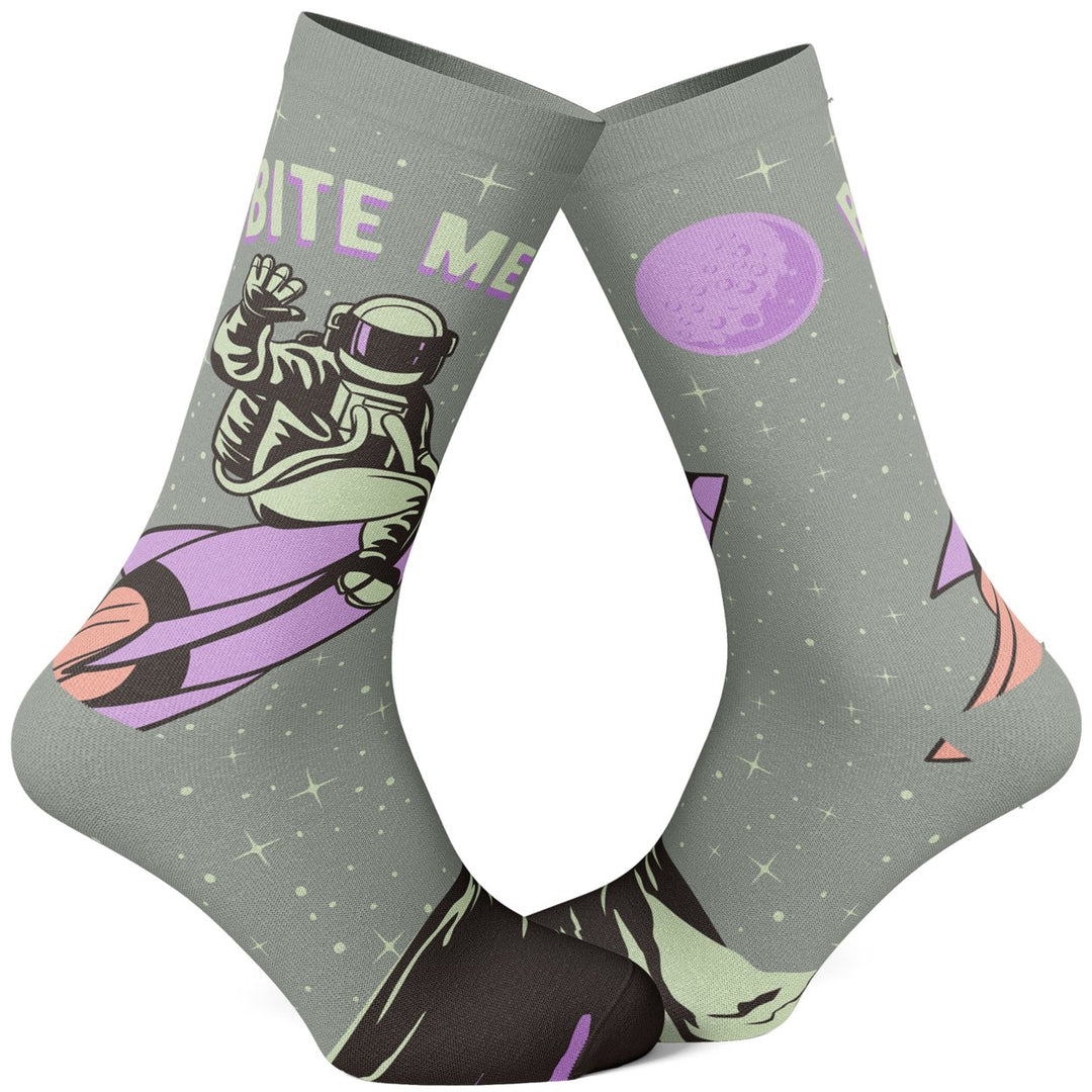 Womens Bite Me Socks Funny Astronaut Rocket Graphic Novelty Footwear Image 1