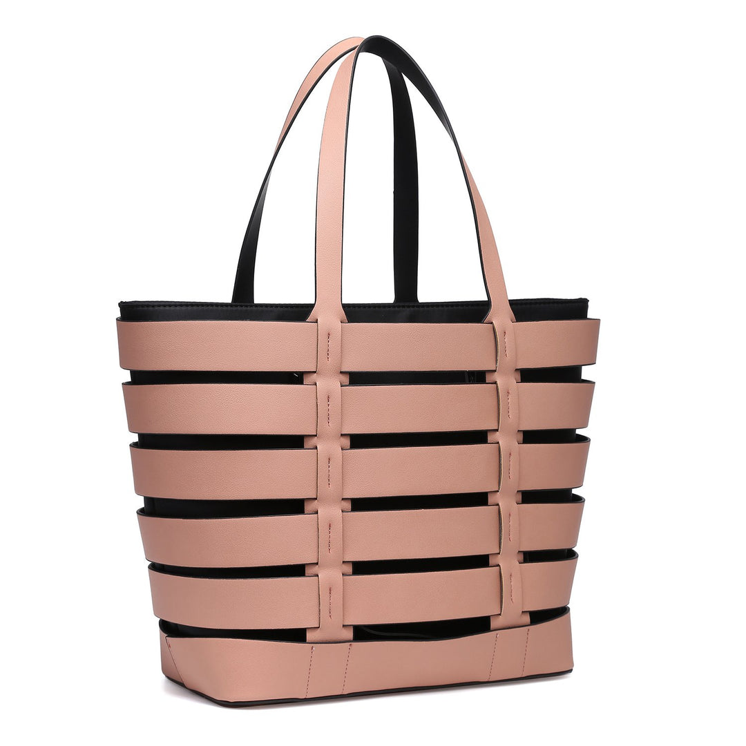 2-In-1 Medium Striped Tote Bag Faux Leather with Detachable Shoulder Strap Image 4