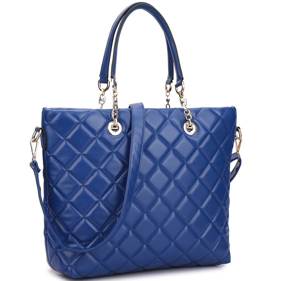 Women Bags Faux Leather Quilted Tote Bag with Chained Handles Image 1